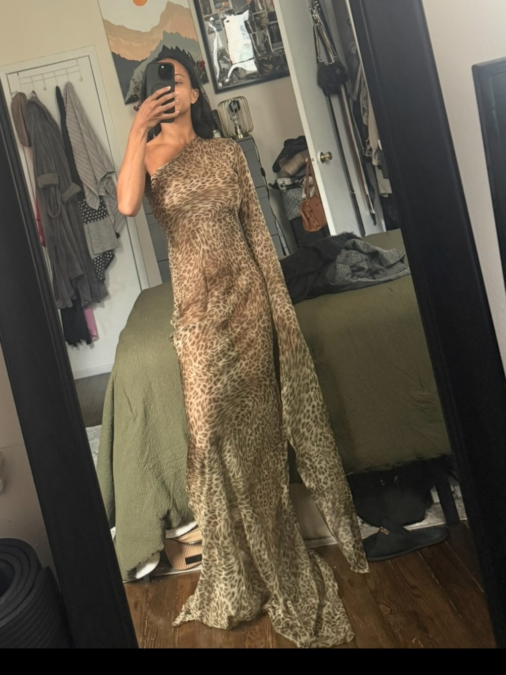 CHA the label Leopard Print One-Sleeve Maxi Dress